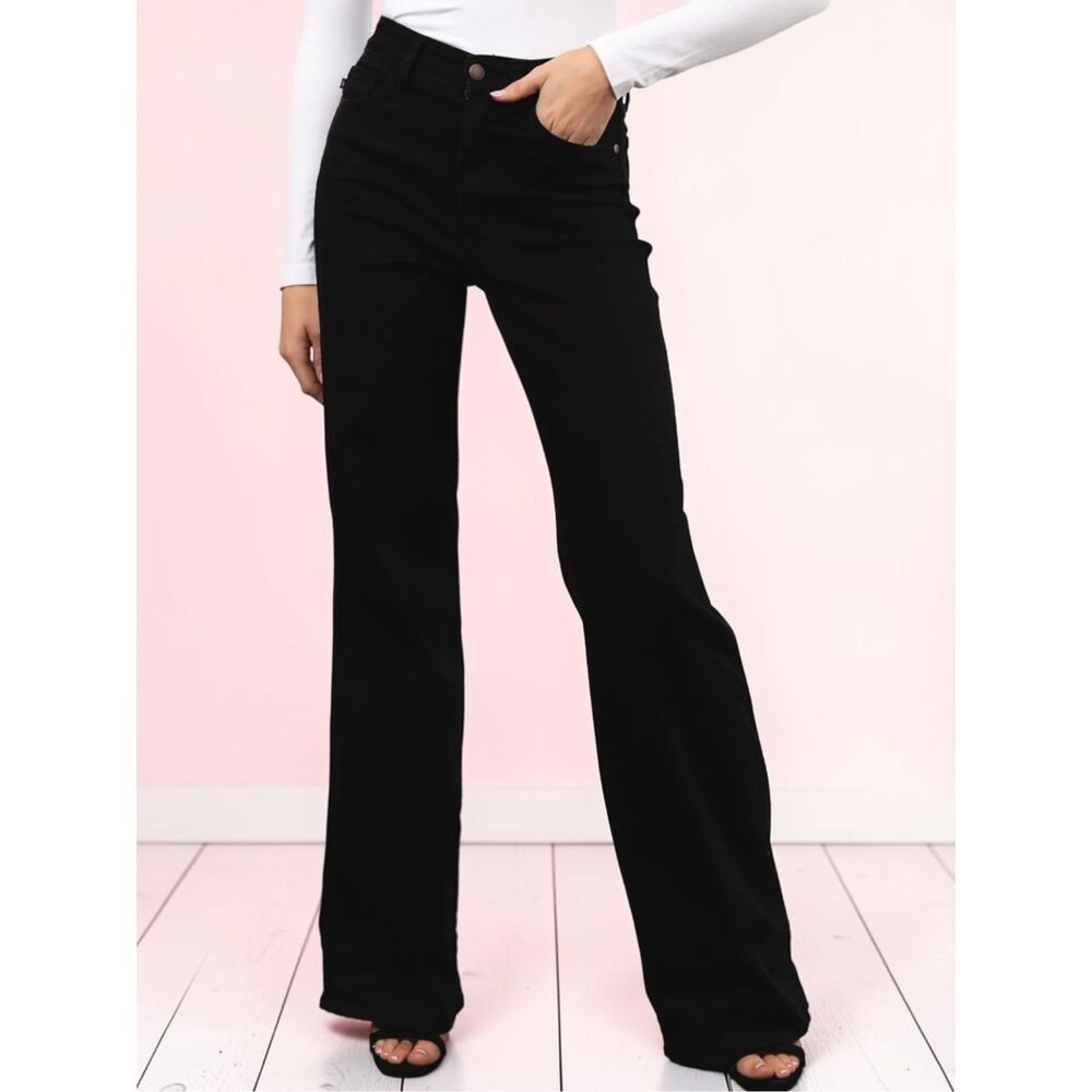 Judy Blue Black Wide Leg Cuffed Jeans High Rise Stretch Denim Retro NWT